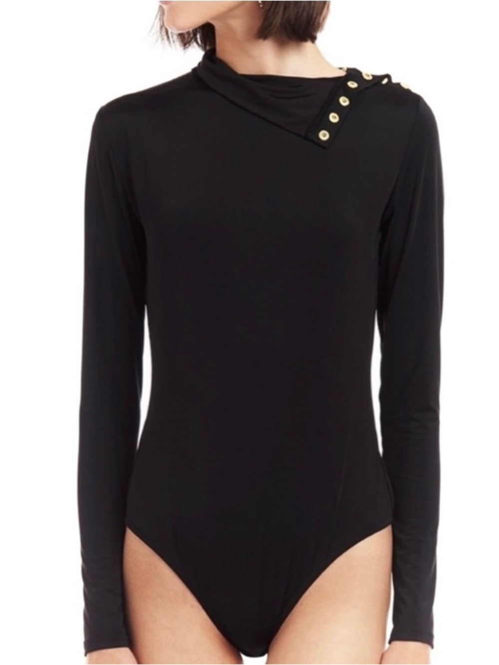 Amanda Uprichard Black Long-Sleeve Turtleneck Top with Shoulder Buttons - Picture 3 of 8